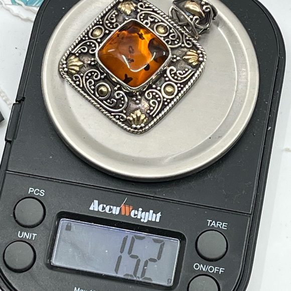 Rare Vintage BA Bali Suarti Amber Pendant Sterling Silver & 18K Gold - Picture 16 of 16